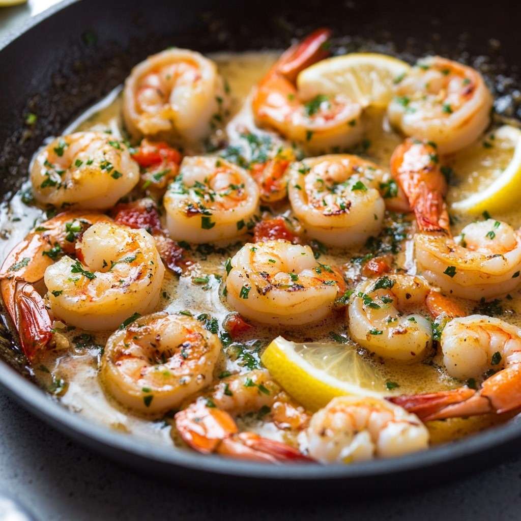 Poêlée de crevettes dorées au beurre à l’ail et au citron, parsemées de persil frais et servies avec du pain croustillant.