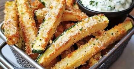 Frites de courgettes croustillantes au parmesan, dorées au four et servies avec une sauce tzatziki maison au yaourt grec.