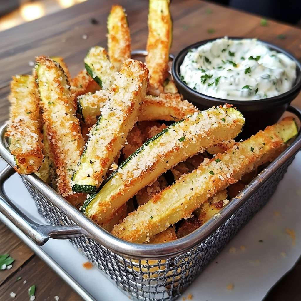 Frites de courgettes croustillantes au parmesan, dorées au four et servies avec une sauce tzatziki maison au yaourt grec.