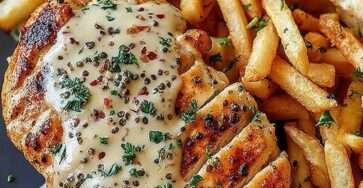 Poulet grillé doré nappé de sauce crémeuse au poivre, servi avec des frites croustillantes et du persil frais dans une assiette façon bistrot