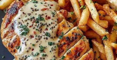 Poulet grillé doré nappé de sauce crémeuse au poivre, servi avec des frites croustillantes et du persil frais dans une assiette façon bistrot