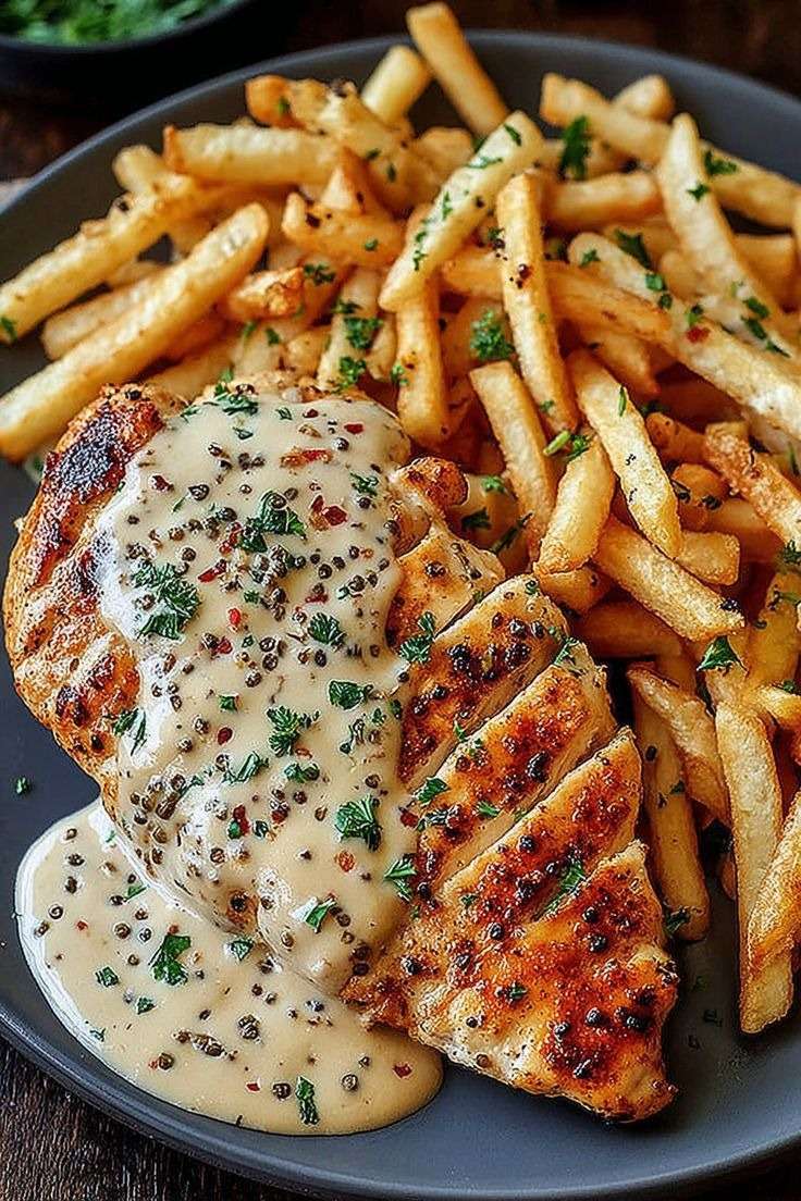 Poulet grillé doré nappé de sauce crémeuse au poivre, servi avec des frites croustillantes et du persil frais dans une assiette façon bistrot