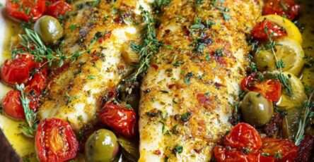 Filets de poisson blanc à la provençale cuits au four avec tomates cerises, olives, citron, thym frais, huile d’olive et persil haché