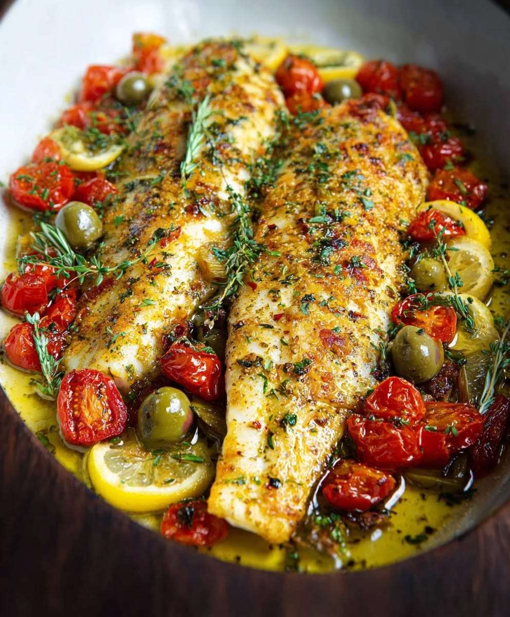 Filets de poisson blanc à la provençale cuits au four avec tomates cerises, olives, citron, thym frais, huile d’olive et persil haché