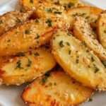 Pommes de terre croustillantes au parmesan dorées au four, avec croûte savoureuse, chapelure, ail, paprika et persil frais