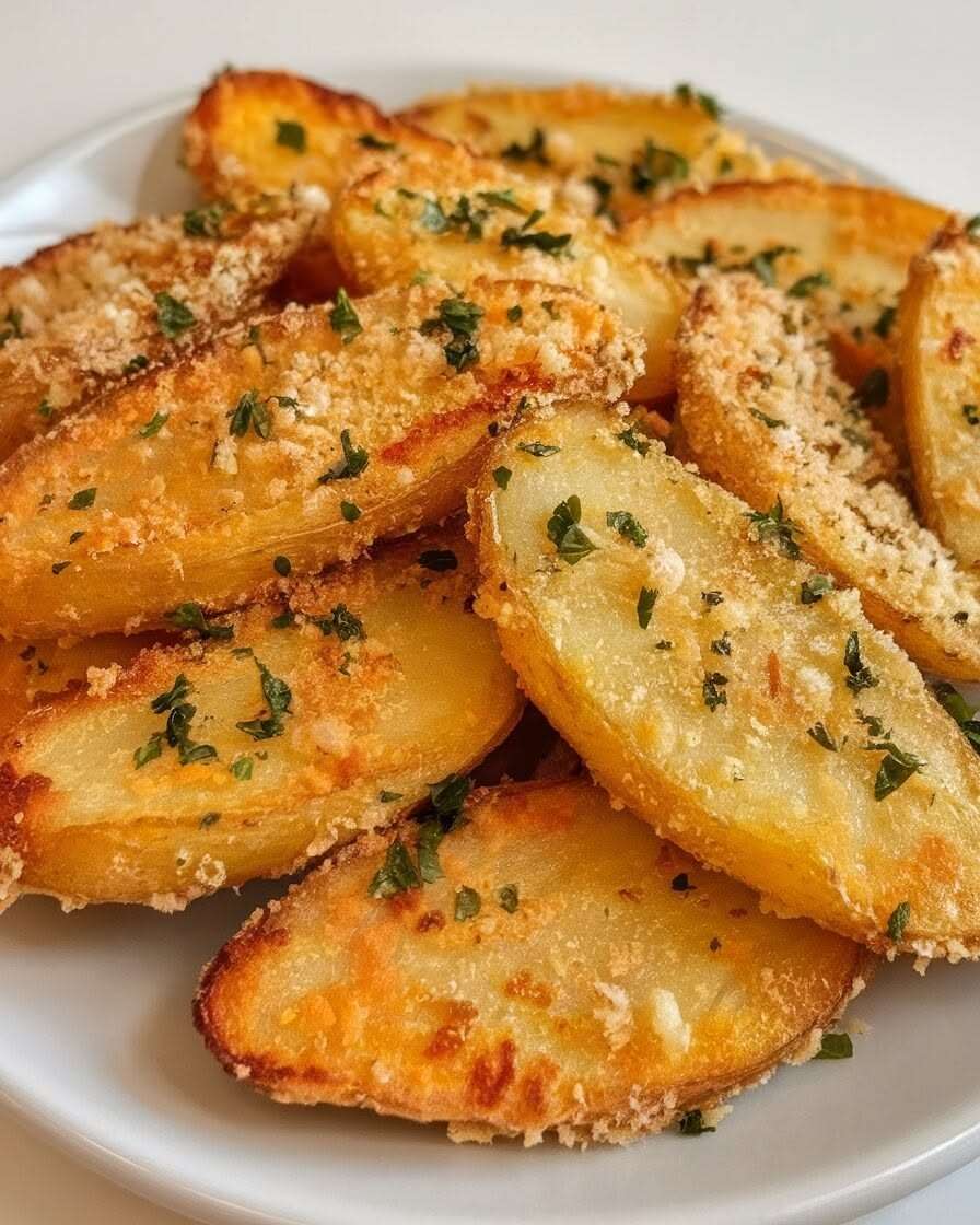 Pommes de terre croustillantes au parmesan dorées au four, avec croûte savoureuse, chapelure, ail, paprika et persil frais