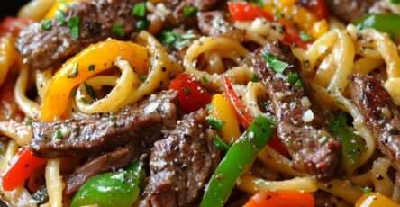 Pâtes au steak et poivron grésillantes servies chaudes, avec lanières de bœuf dorées, poivrons rouges, ail, paprika, persil frais et parmesan