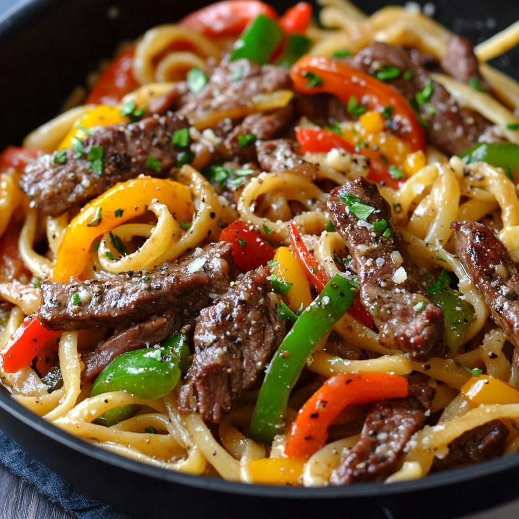 Pâtes au steak et poivron grésillantes servies chaudes, avec lanières de bœuf dorées, poivrons rouges, ail, paprika, persil frais et parmesan