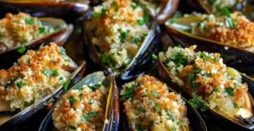 Moules farcies au beurre à l’ail et au persil gratinées au four, avec chapelure dorée, coquilles garnies et pain grillé
