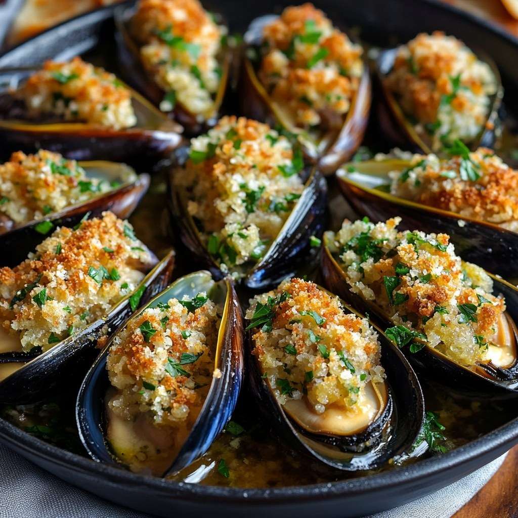 Moules farcies au beurre à l’ail et au persil gratinées au four, avec chapelure dorée, coquilles garnies et pain grillé