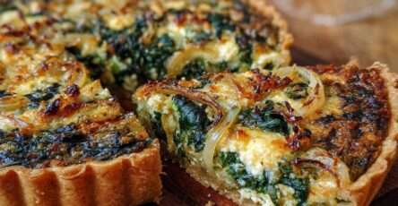 Tarte aux épinards, feta et oignons dorée au four, servie en parts avec pâte feuilletée croustillante et garniture crémeuse aux œufs