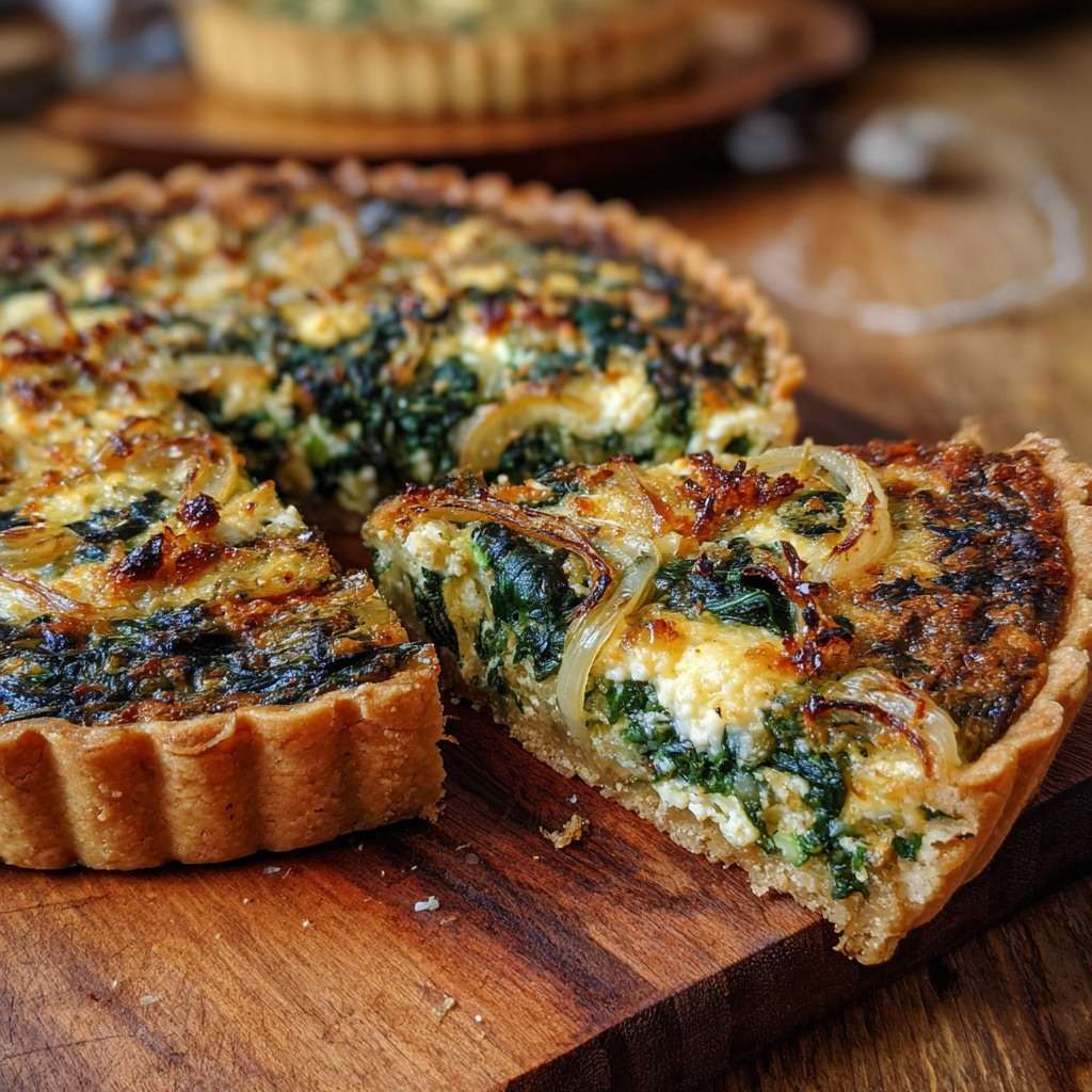 Tarte aux épinards, feta et oignons dorée au four, servie en parts avec pâte feuilletée croustillante et garniture crémeuse aux œufs