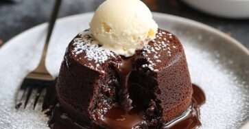 Fondants au chocolat individuels avec cœur coulant, servis avec une boule de glace vanille, coulis de fruits rouges et chocolat fondu