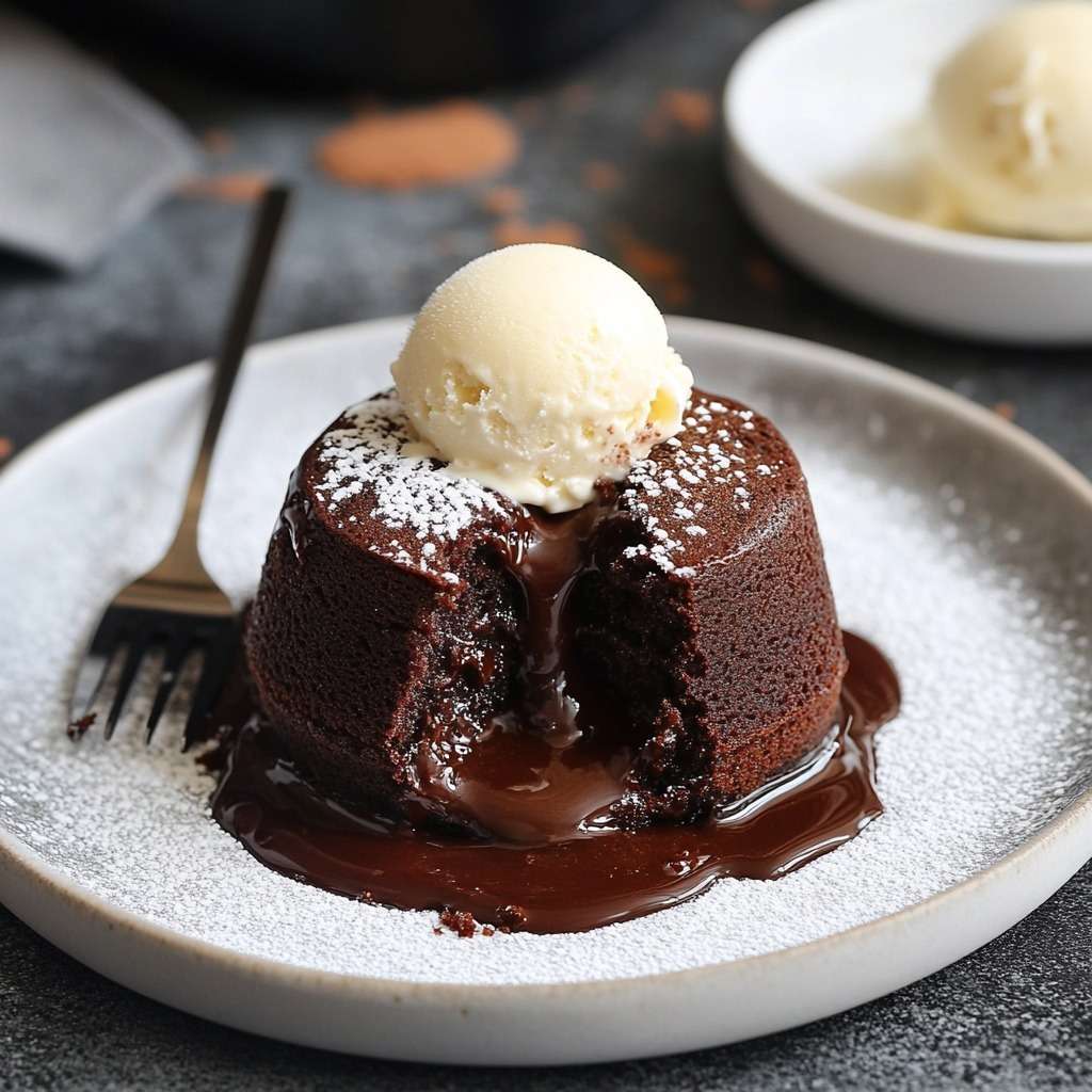 Fondants au chocolat individuels avec cœur coulant, servis avec une boule de glace vanille, coulis de fruits rouges et chocolat fondu