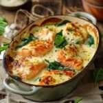 Gratin léger de saumon et épinards doré au four, avec sauce au yaourt, moutarde, fromage râpé léger et morceaux de saumon fondants