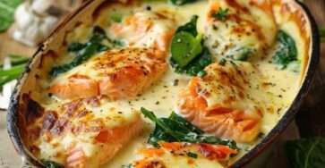 Gratin léger de saumon et épinards doré au four, avec sauce au yaourt, moutarde, fromage râpé léger et morceaux de saumon fondants