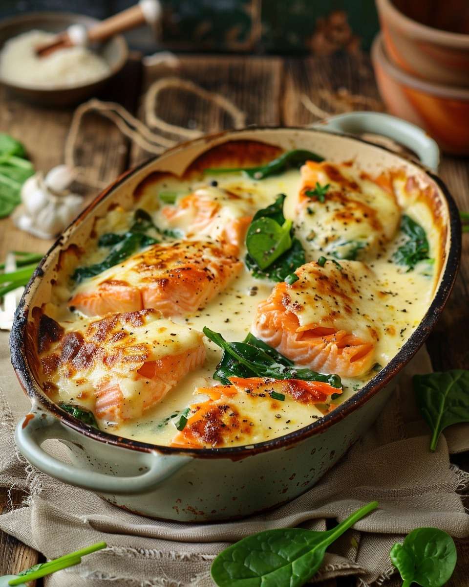 Gratin léger de saumon et épinards doré au four, avec sauce au yaourt, moutarde, fromage râpé léger et morceaux de saumon fondants