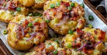 Pommes de terre écrasées croustillantes garnies de fromage à raclette fondu, lardons dorés, oignon rouge et ciboulette fraîche, servies chaudes sur une plaque.