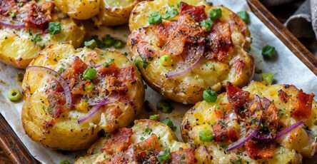 Pommes de terre écrasées croustillantes garnies de fromage à raclette fondu, lardons dorés, oignon rouge et ciboulette fraîche, servies chaudes sur une plaque.