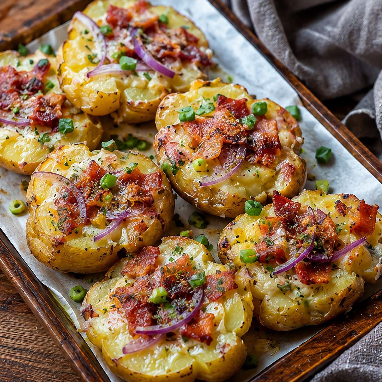 Pommes de terre écrasées croustillantes garnies de fromage à raclette fondu, lardons dorés, oignon rouge et ciboulette fraîche, servies chaudes sur une plaque.