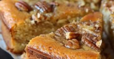 Gâteau léger aux noisettes moelleux, saupoudré de sucre glace, présenté en parts carrées avec une texture aérienne et dorée.