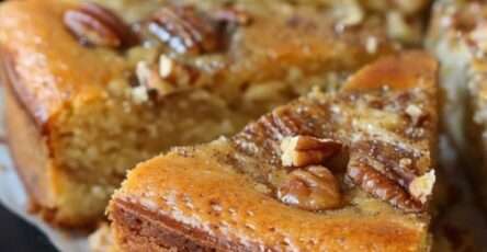 Gâteau léger aux noisettes moelleux, saupoudré de sucre glace, présenté en parts carrées avec une texture aérienne et dorée.