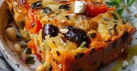 Gâteau salé moelleux aux tomates séchées, feta, olives noires et gruyère râpé, coupé en tranches dorées sur une planche en bois.