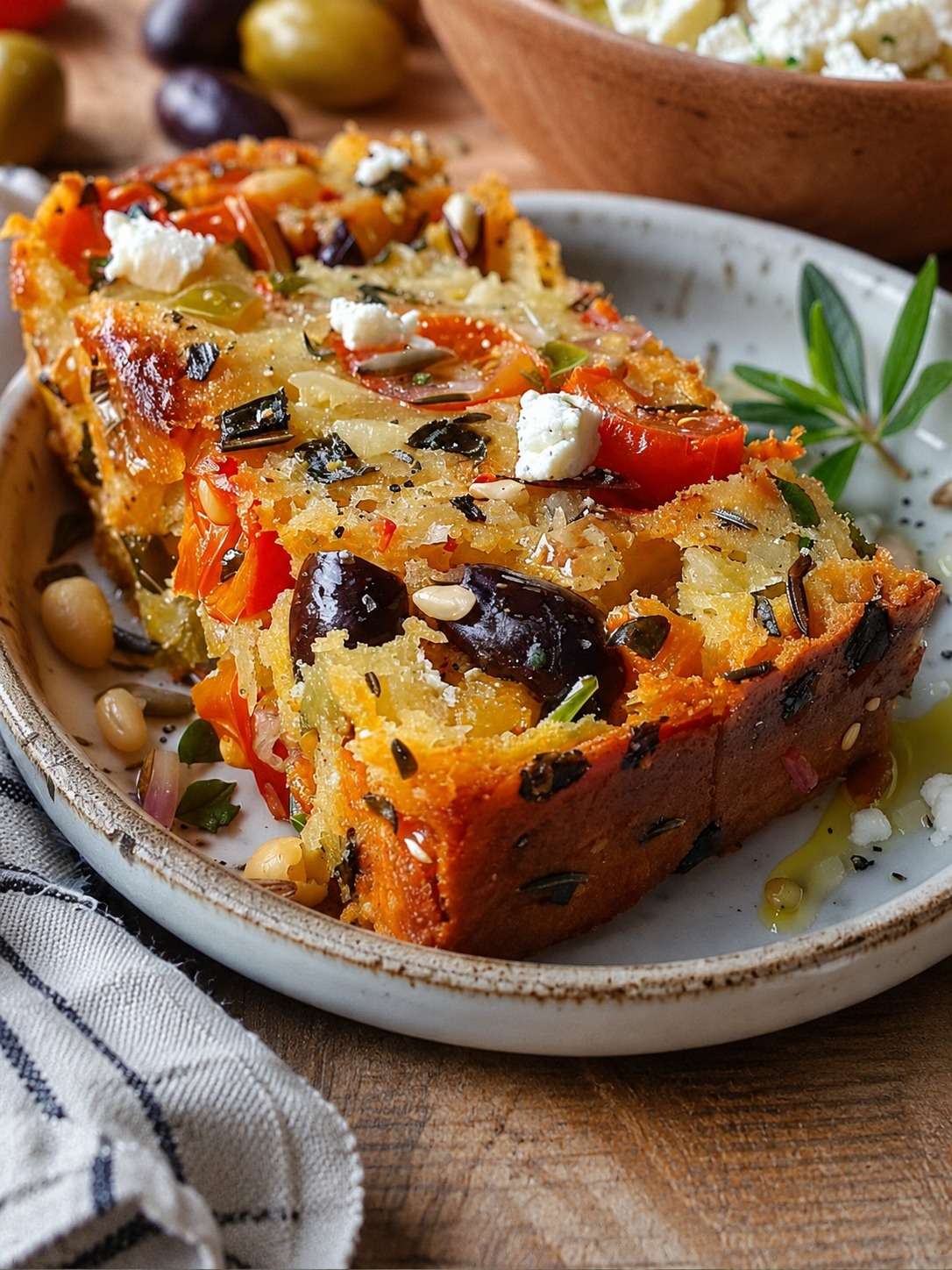 Gâteau salé moelleux aux tomates séchées, feta, olives noires et gruyère râpé, coupé en tranches dorées sur une planche en bois.
