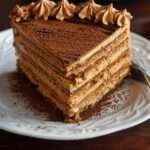 Gâteau Petit Beurre au café sans cuisson, composé de couches de biscuits imbibés de café et de crème au beurre cacao, servi en parts fondantes.