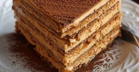 Gâteau Petit Beurre au café sans cuisson, composé de couches de biscuits imbibés de café et de crème au beurre cacao, servi en parts fondantes.