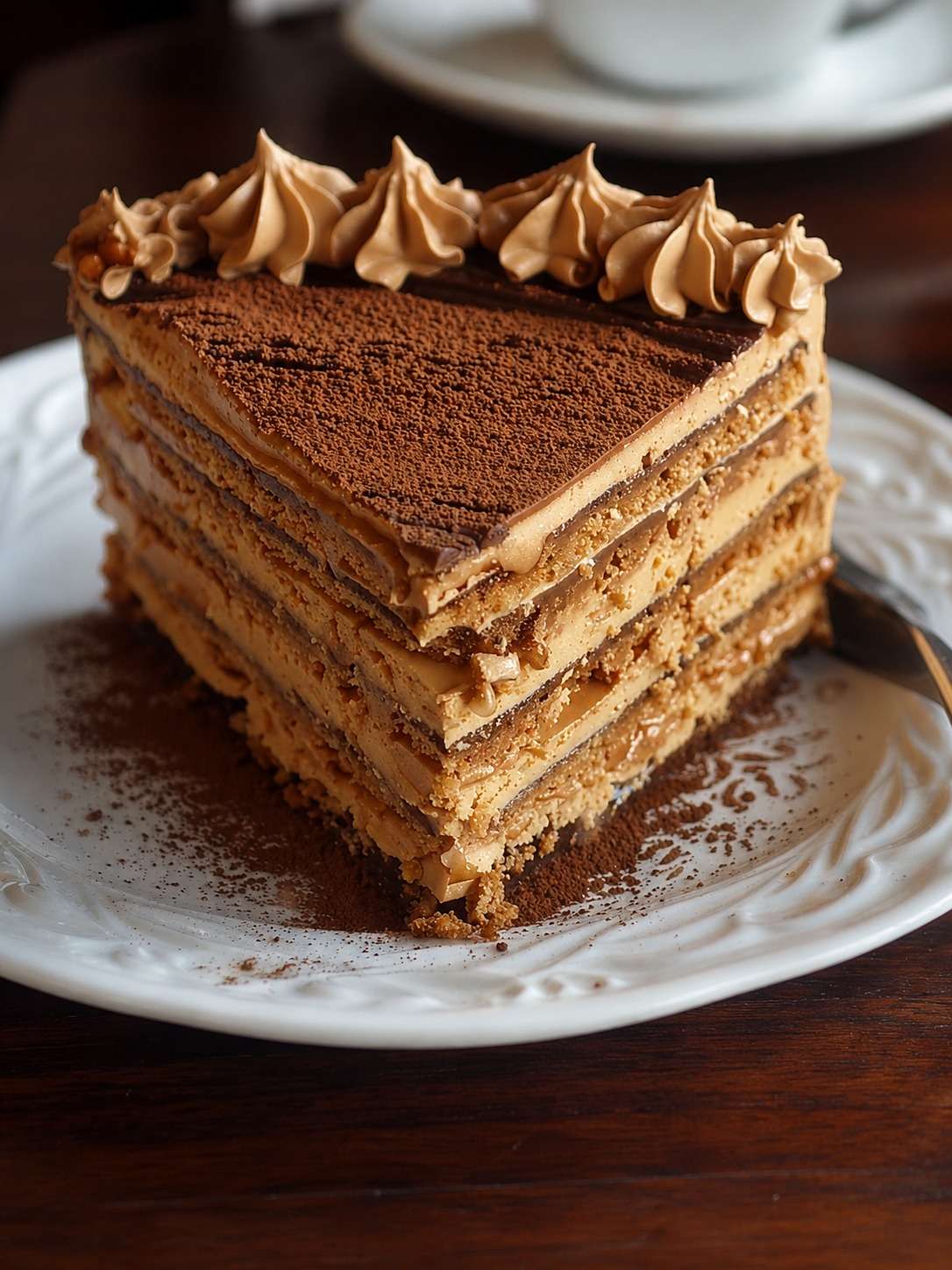 Gâteau Petit Beurre au café sans cuisson, composé de couches de biscuits imbibés de café et de crème au beurre cacao, servi en parts fondantes.