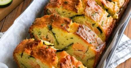 Cake salé au saumon fumé et courgettes, coupé en tranches moelleuses avec morceaux de fromage, courgettes râpées et saumon fumé.
