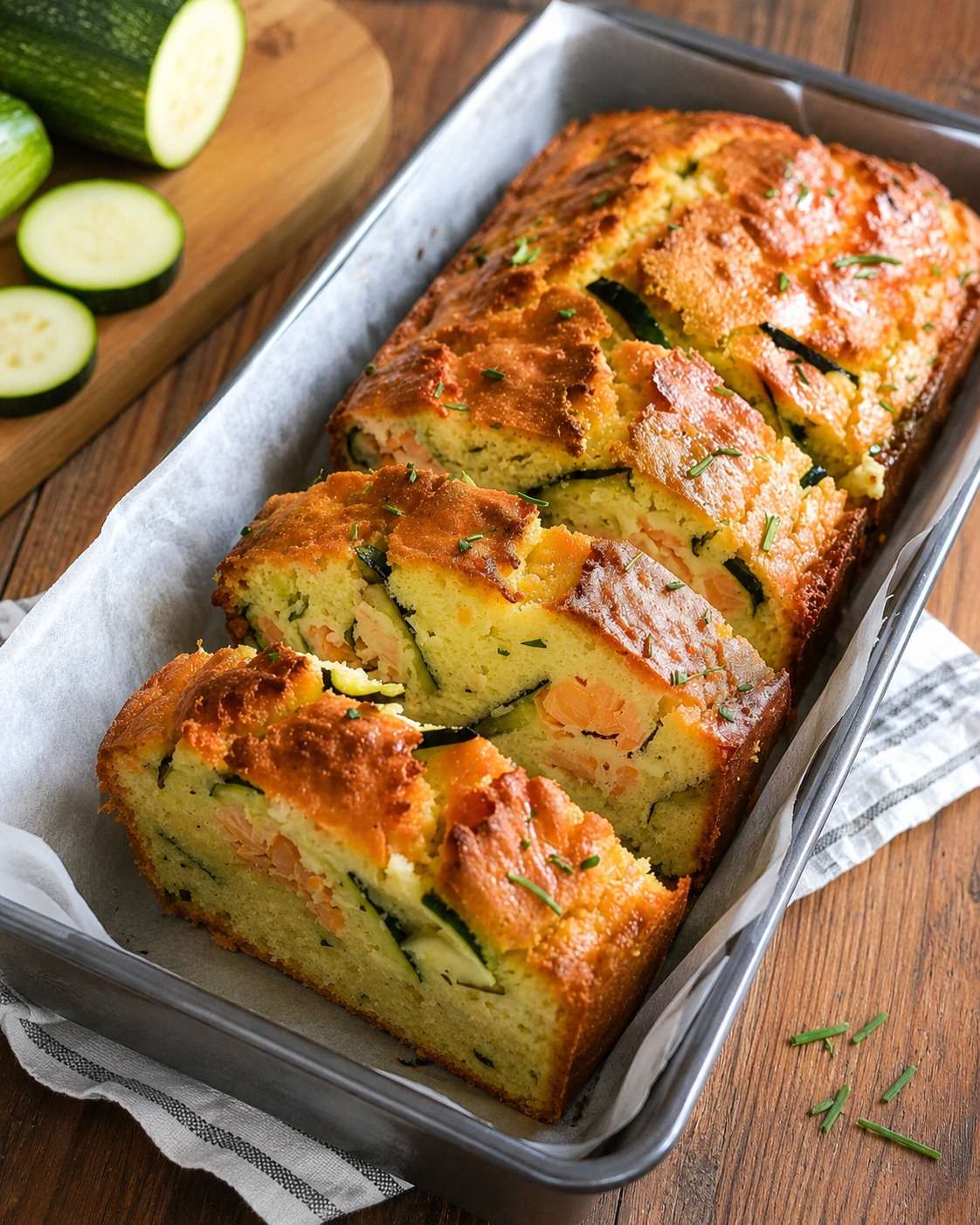 Cake salé au saumon fumé et courgettes, coupé en tranches moelleuses avec morceaux de fromage, courgettes râpées et saumon fumé.