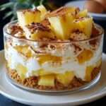 Tiramisu coco ananas en verrines, avec crème mascarpone à la noix de coco, morceaux d’ananas frais, biscuits moelleux et noix de coco râpée.