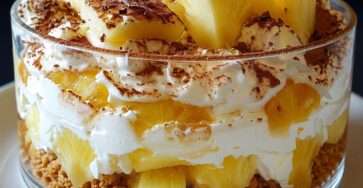 Tiramisu coco ananas en verrines, avec crème mascarpone à la noix de coco, morceaux d’ananas frais, biscuits moelleux et noix de coco râpée.