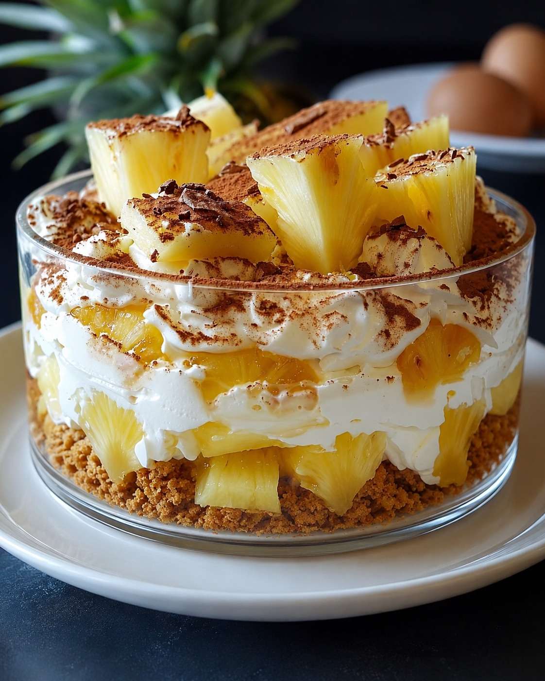 Tiramisu coco ananas en verrines, avec crème mascarpone à la noix de coco, morceaux d’ananas frais, biscuits moelleux et noix de coco râpée.