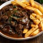 Carbonade flamande servie avec des frites maison dorées, morceaux de bœuf fondants nappés d’une sauce brune à la bière et aux oignons.
