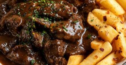 Carbonade flamande servie avec des frites maison dorées, morceaux de bœuf fondants nappés d’une sauce brune à la bière et aux oignons.