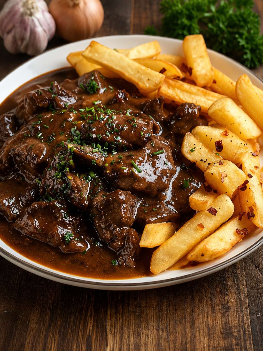 Carbonade flamande servie avec des frites maison dorées, morceaux de bœuf fondants nappés d’une sauce brune à la bière et aux oignons.