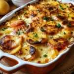 Gratin de pommes de terre au chorizo, tomates et béchamel, doré au gruyère râpé, servi chaud dans un plat familial.