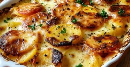 Gratin de pommes de terre au chorizo, tomates et béchamel, doré au gruyère râpé, servi chaud dans un plat familial.