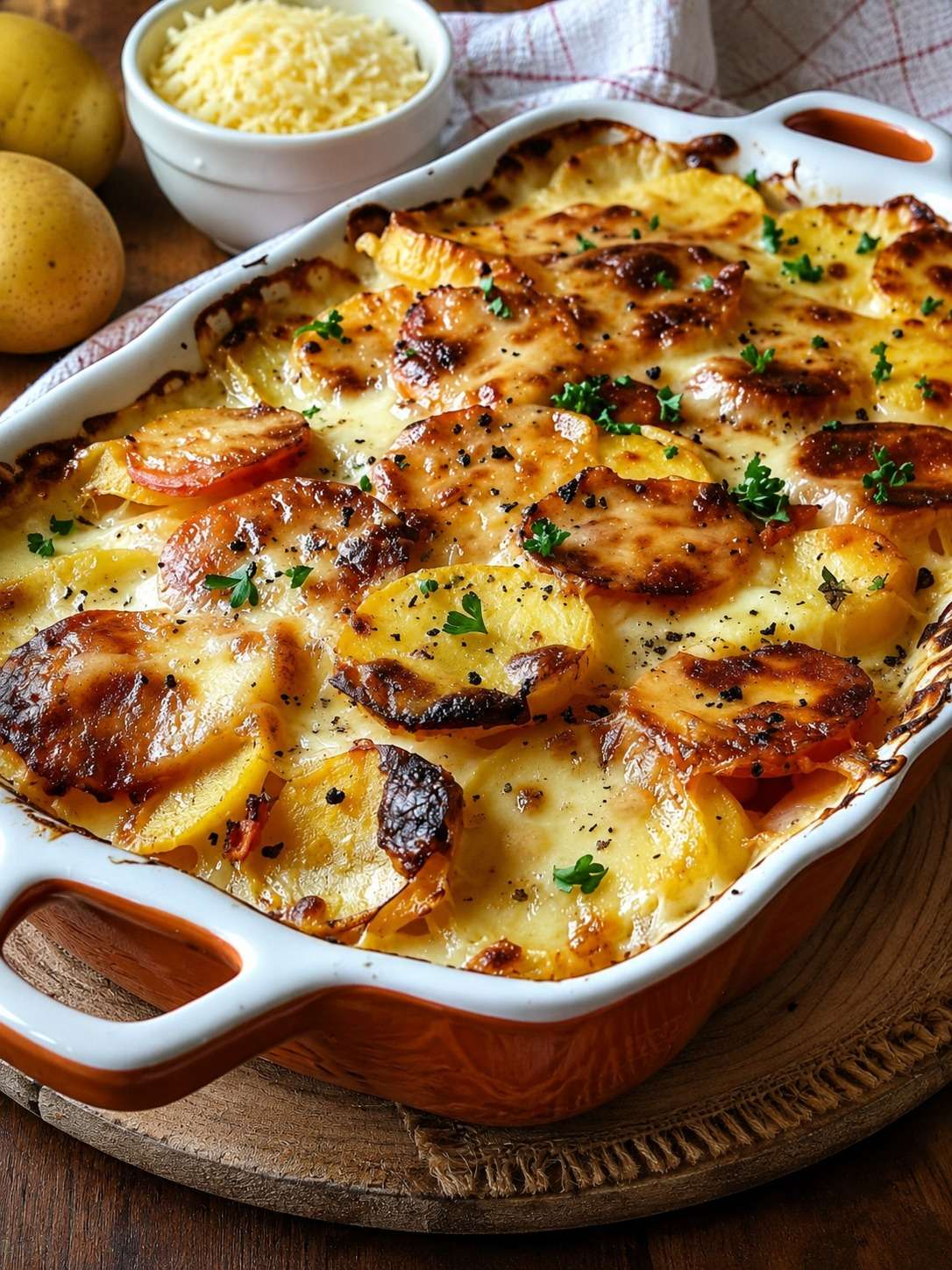 Gratin de pommes de terre au chorizo, tomates et béchamel, doré au gruyère râpé, servi chaud dans un plat familial.
