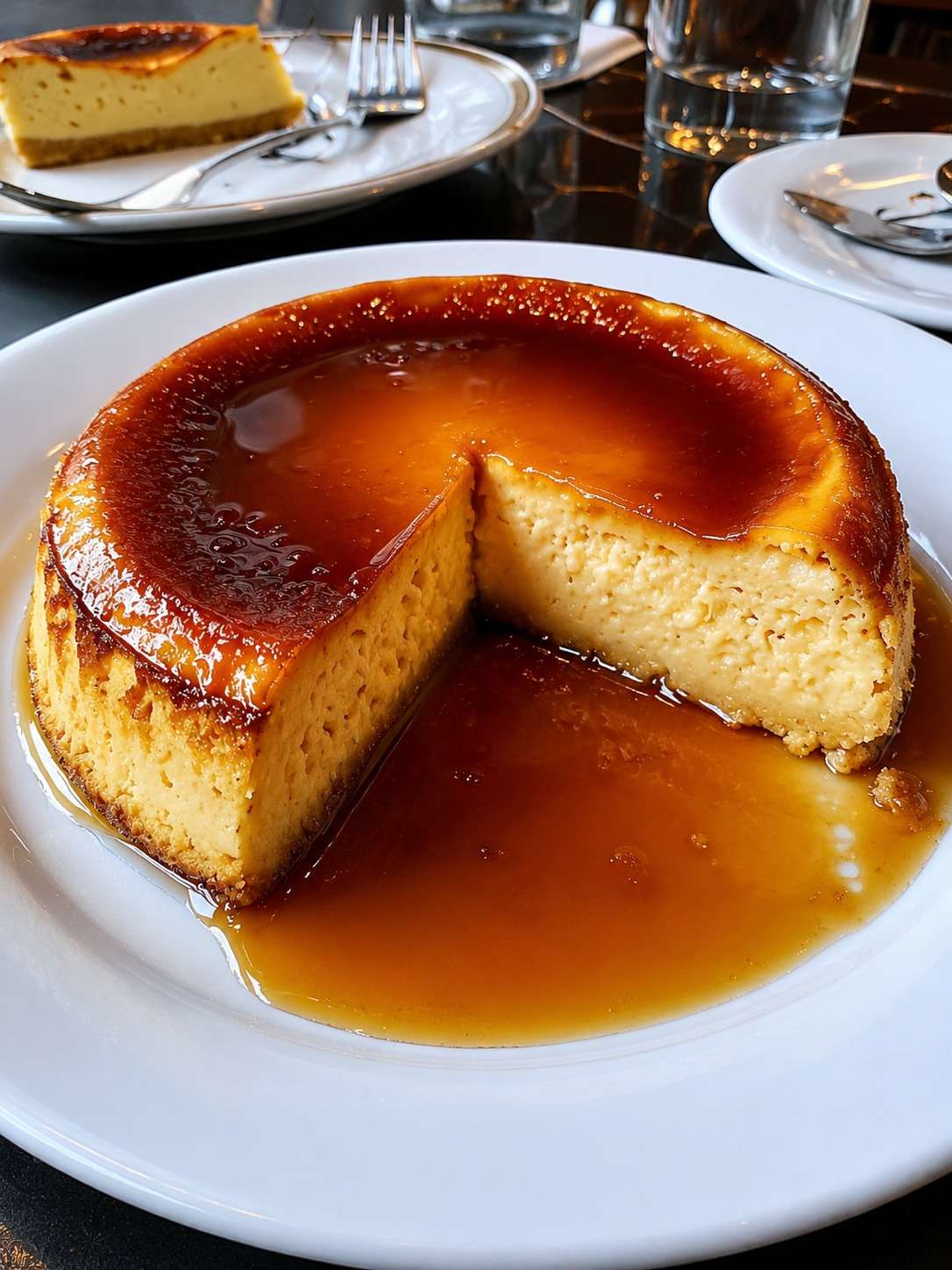 Flan parisien traditionnel à la vanille, bien doré sur le dessus, avec une pâte croustillante et une crème épaisse, lisse et fondante.