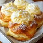 Choux dorés garnis de crème pâtissière à la vanille, avec un léger glaçage blanc sur le dessus, servis sur une assiette de dessert.