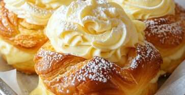 Choux dorés garnis de crème pâtissière à la vanille, avec un léger glaçage blanc sur le dessus, servis sur une assiette de dessert.