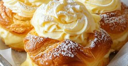 Choux dorés garnis de crème pâtissière à la vanille, avec un léger glaçage blanc sur le dessus, servis sur une assiette de dessert.