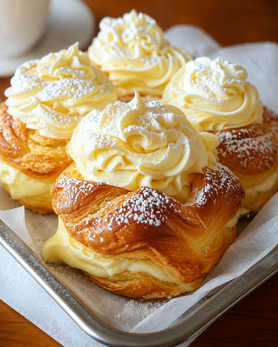 Choux dorés garnis de crème pâtissière à la vanille, avec un léger glaçage blanc sur le dessus, servis sur une assiette de dessert.