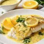 Sauce citronnée crémeuse pour poisson, préparée avec crème, citron, échalote, ail, moutarde douce et persil frais, servie chaude dans une saucière.