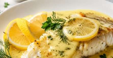 Sauce citronnée crémeuse pour poisson, préparée avec crème, citron, échalote, ail, moutarde douce et persil frais, servie chaude dans une saucière.