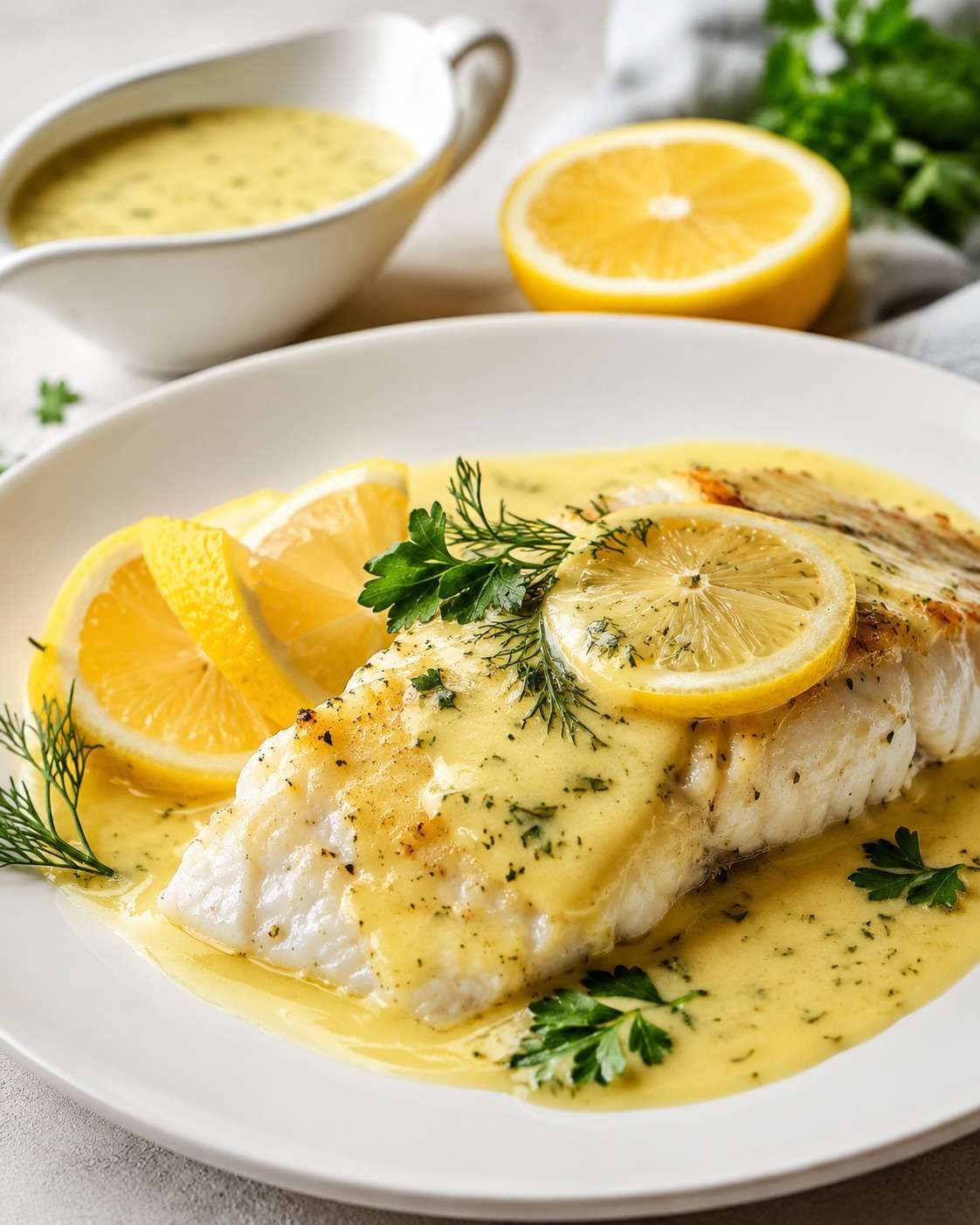 Sauce citronnée crémeuse pour poisson, préparée avec crème, citron, échalote, ail, moutarde douce et persil frais, servie chaude dans une saucière.